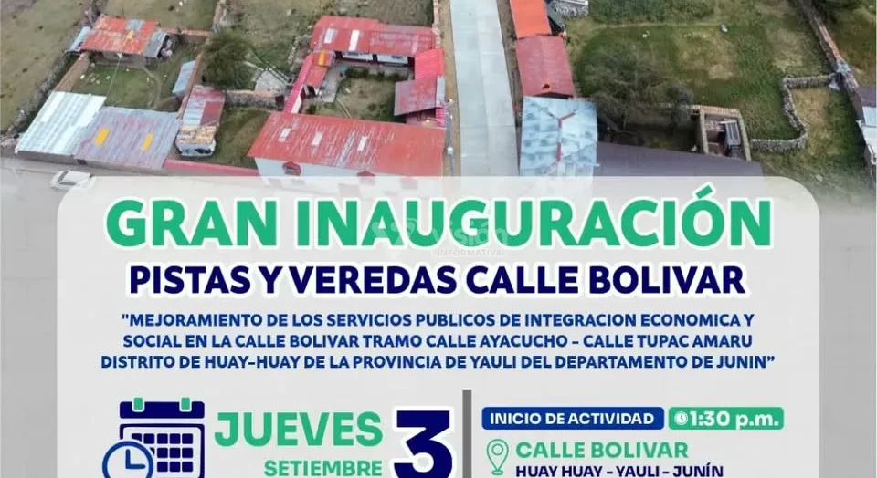 La Municipalidad de Huayhuay inaugurará este jueves la obra de mejoramiento vial con pistas y veredas en la calle Bolívar.