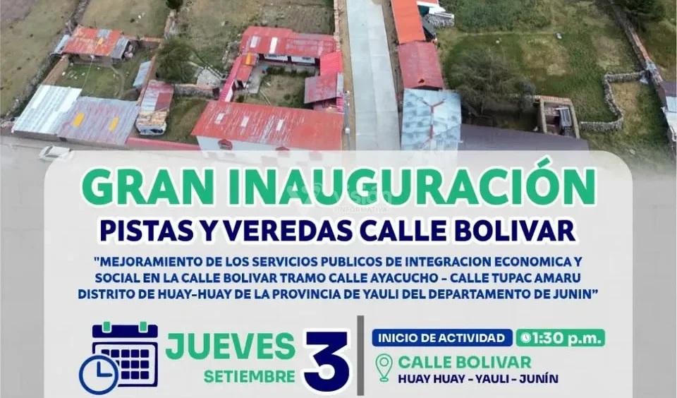 La Municipalidad de Huayhuay inaugurará este jueves la obra de mejoramiento vial con pistas y veredas en la calle Bolívar.