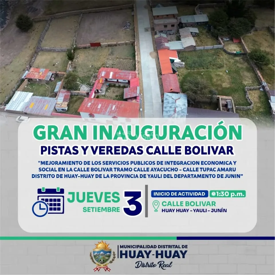 La Municipalidad de Huayhuay inaugurará este jueves la obra de mejoramiento vial con pistas y veredas en la calle Bolívar.